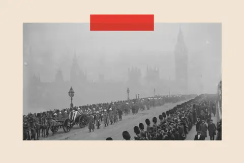 Fox Photos/Getty Images February 1928: The funeral procession of Earl Haig, the gun carriage bearing his coffin is draped with a Union Jack and soldiers in bearskins line the pavement