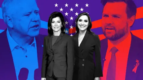 JD Vance (left) and Tim Walz (right) with CBS debate moderators Norah O'Donnell (left) and Margaret Brennan at center 