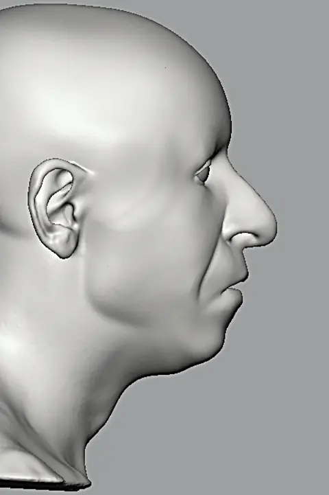 Face Lab at Liverpool John Moores University A 3D digital reconstruction, in black and white, of a man with a bald head and no facial hair.