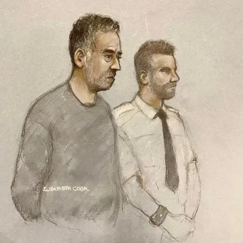 PA Media Court artist sketch by Elizabeth Cook of Paul Butler (left) appearing at Plymouth Magistrates' Court charged with the murder of Claire Chick. He is wearing a grey tracksuit and a prison officer is stood next to him.