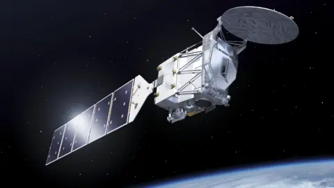 Esa Earthcare with its long solar tail and big radar antenna deployed in space