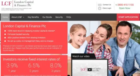 LCF PROMOTIONAL MATERIAL A screenshot of LCF's promotional material on its website promising returns of 8% for people investing for more than three years. The picture has a family of a smiling family on it