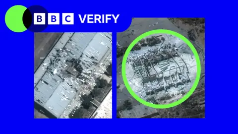 A composite of satellite images from damage inflicted on Iranian military sites: Left: the roof of a building struck in Bid Kaneh military facility; Right: a destroyed structure at Kermanshah military base. Surrounded by BBC Verify branding