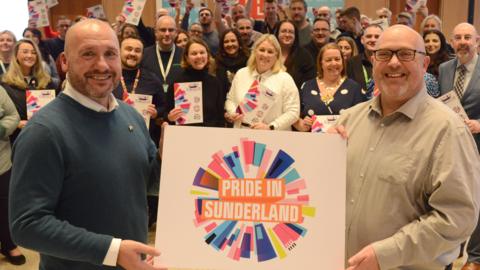 Peter Darrant, chair of Out North East, with Sunderland council leader Graham Miller and other supporters at the launch of Pride in Sunderland