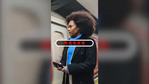 A woman stands on a Tube platform with her phone out. A graphic shows a hidden PIN number.