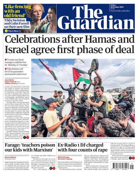 "Celebrations after Hamas and Israel agree first phase of deal" reads the headline on the front page of The Guardian.