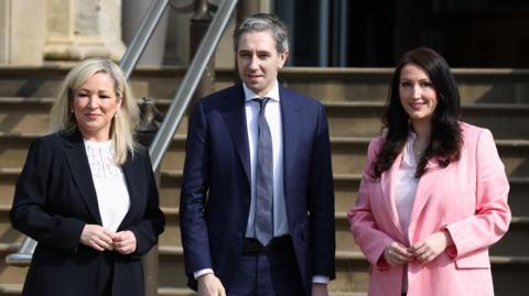 Michelle O'Neill, Simon Harris and Emma little-pengelly pictured at Stormont 