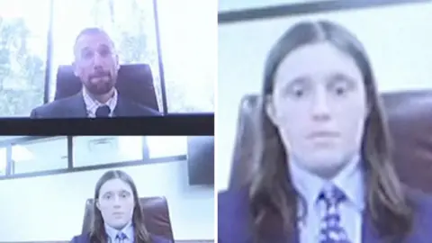 Screengrabs of a video-conferencing software. Two men in suits sit in chairs.