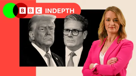 A treated image of Keir Starmer and Donald Trump with Laura Kuenssberg edited on the side