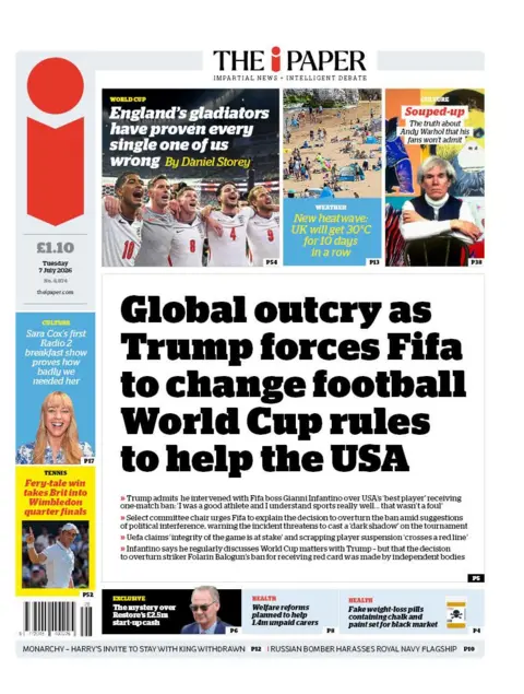 The headline on the front page of the i Paper reads: 'Global outcry as Trump forces Fifa to change football World Cup rules to help the USA.'