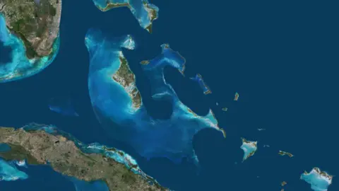 Color satellite image of the Bahamas in the West Indies. 