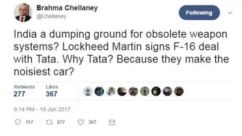 Twitter Analyst Brahma Chellaney charges Lockheed Martin with dumping obsolete F16s in India.