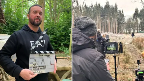 Supplied A side-by-side composite image of Craig - on the left - holding a white and black clapperboard. On the right, the back of a person wearing a coat and hat, who looks into a camera, pointing towards a wooded area.