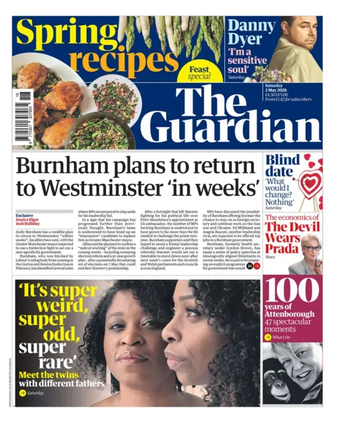 "Burnham plans to return to Westminster 'in weeks'," reads the headline on the front page of the Guardian.