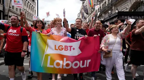 A crowd of people including Angela Rayner and Sir Keir Starmer walk behind an LGBT+ Labour banner, surrounded by LGBT+ labour flags at a Pride march
