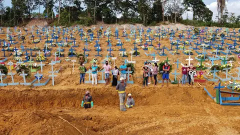 Getty Images Aerial picture showing a burial taking place in the Amazon in Brazil