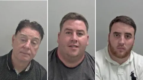 Three mugshots of three men, all with brown hair. The first man has a cut on his nose and a black and grey t-shirt. The second man has dark stubble on his face and is wearing a grey t-shirt. The third an has ginger facial hair and a white t-shirt