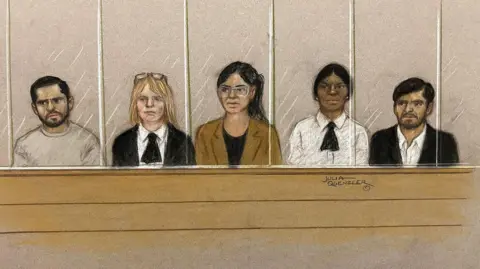 Court sketch of Faisal Malik, Beinash Batool and Urfan Sharif