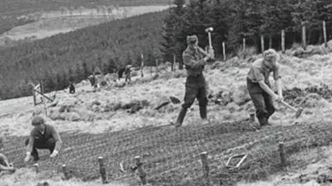 Bellingham Heritage Centre A rather blurry black and white image of men working planting trees manually in a remote landscape 