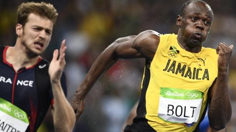 Usain Bolt pulls away from Christophe Lemaitre