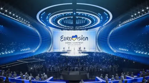 BBC/Eurovision Computer-generated image of the 2023 Eurovision stage