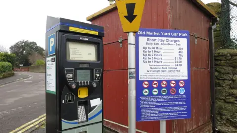 LDRS A black parking meter next to a sign explaining the parking charges at Old Market Yard car park in Sherborne