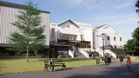 BFF Architects / Malvern Hills District Council Artist's impression of the new-look theatre. A series of white buildings are in the background, with lawns, paths and benches in the foreground. CGI people are walking along the path or sitting on benches