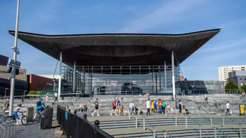 An image of the Senedd building in Cardiff Bay on a sunny day. There are families walking and cycling by.