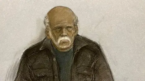 PA Media Court drawing of Headley in court. He has a white beard and hair and is wearing a black jacket.