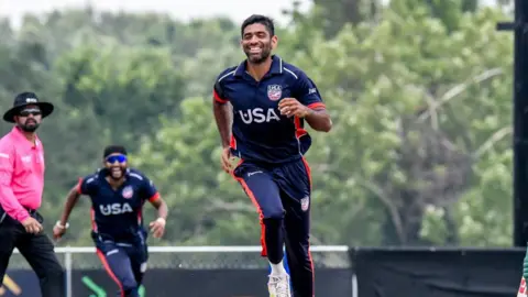 BBC Saurabh Netravalkar of USA is seen in the match against Bangladesh