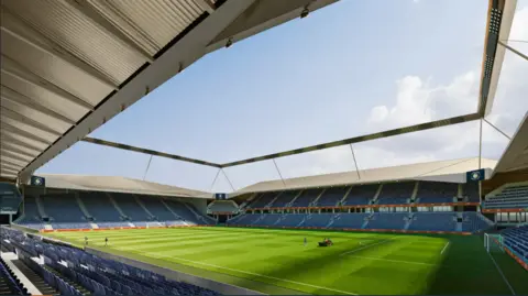 Luton Town FC A CGI image of inside the ground. A one-tier stand is behind the goal to the left and a two-tier stand is to the side of the pitch in front of where the image is captured. There are a few people dotted on or around the pitch.