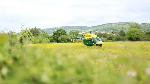 Getty Images A green and yellow air ambulance lands in a field dotted with yellow flowers in the Gloucestershire countryside. Rolling hills and trees can be seen behind it.