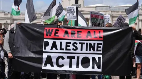 A handful of people hold up a 'We are all Palestine Action' sign at a demonstration last year in Trafalgar Square. Palestinian flags can be seen flying in the background, along with other signs including ones that say 'hands off Palestine Action' and 'Defend the right to protest' 
