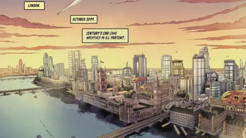 Marc Laming/B7 Comics An illustration of a future city scape that resembles London. The sky is orange. The year is 2099.
