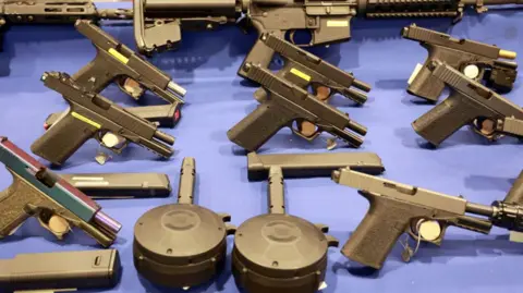 Illegal and ghost guns are seen on display at the New York Attorney General Letitia James offices in downtown Manhattan on March 15, 2023