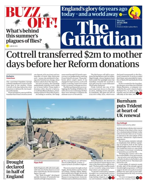 "Cottrell transferred $2m to mother days before her Reform donations," reads the headline on the front page of the Guardian. 