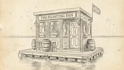 A sketch of a floating pub. 