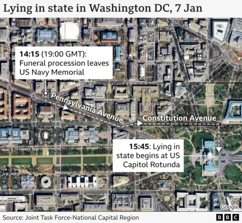 Map showing planned route of Carter remains from US Navy Memorial to US Capitol in Washington