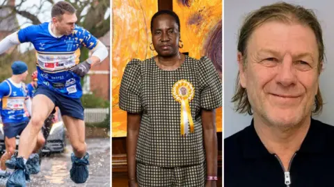 A collage of three images: on the left Kevin Sinfield runs through puddles, Nnena Kalu stands in front of her paintings in a gingham outfit, and a photo of actor Sean Bean