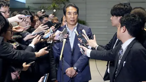 Japan's Agriculture, Forestry and Fisheries Minister Taku Eto speaks to the media after a meeting with Prime Minister Shigeru Ishiba over his controversial comments about receiving rice from supporters, Tokyo, Japan 19 May, 2025.