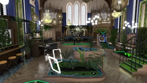 Greenspan Ltd The image features digital rendering of the future facilities including interactive games, a café and bar social hub. The space has a lot of greenery integrated into the decor and authentic elements of the church like parts of the organ and stained glass window.