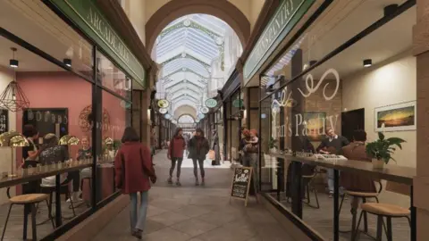 Artist impression of a Victorian shopping arcade shows a woman in a red coat walking on stone floor towards another couple with glazed windows of shops on either side of her and a glazed roof above