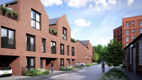 A computer-generated image of the planned estate shows red brick buildings of three storeys. The buildings have small shrubberies outside the doors of the properties, and parking spaces in recesses on the ground floor. There are Juliet balconies  on the windows on the first floors. 