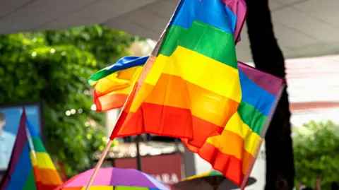 Getty Images A stock style image of an LGBT rainbow flag being waved on a sunny day