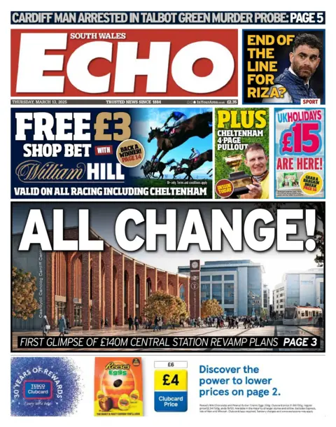 South Wales Echo South Wales Echo front page, with a main headline that reads: "All Change" with an artist's impression of a new brick archway at the rear of Cardiff Central. A text box along the bottom of the image reads 'First glimpse of £140m central station revamp plans'. In the top right of the paper is a photo of Cardiff City manager Omer Riza with the headline 'end of the line for Riza?'