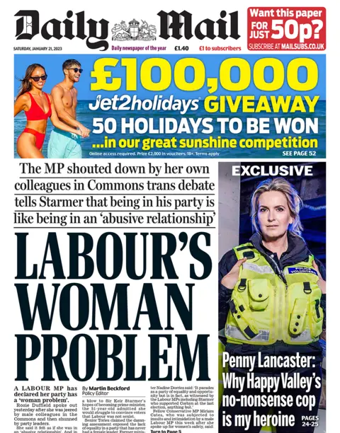 The Daily Mail's front page has a picture of model Penny Lancaster wearing a police uniform