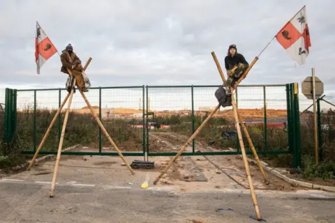 Mark Kerrison/In Pictures via Getty Images Anti-HS2 activists use tripods to block one of several entrances blocked to the Chiltern Tunnel South Portal site for the HS2 high-speed rail link on 9 October 2020 in West Hyde.