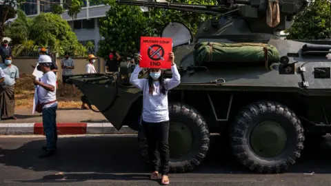 Getty Images Protest in Yangon against the Myanmar coup, 15 February