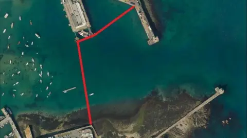 States of Guernsey St Peter Port Harbour in Guernsey with a red line showing where people can dive on Christmas Day