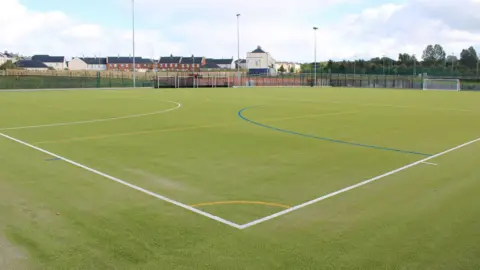 Argyle Community Trust An astro-turf football pitch with a series of lines to mark out the corners and penalty areas and the tops of some red brick houses in the distance.
